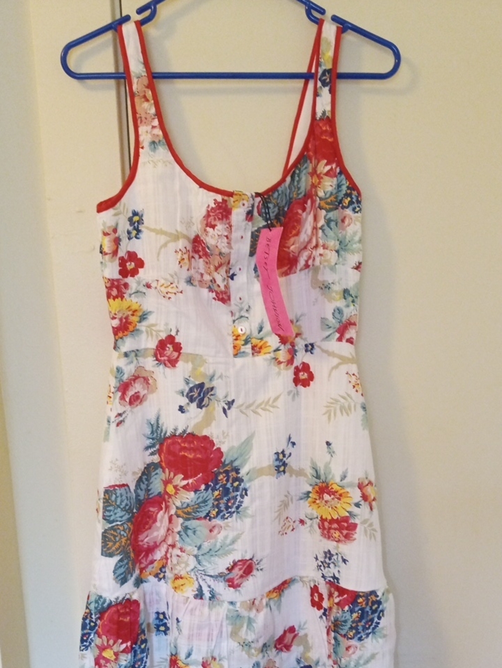 Brand New BETSEY JOHNSON Floral Button-Front Sundress with Red Trim